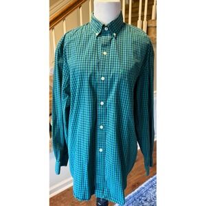 IZOD Premium Essentials Mens Medium Gingham Button Down Shirt Green Navy Blue